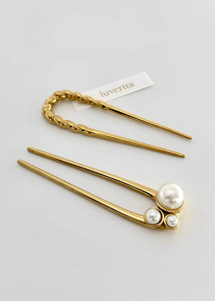 18K Gold-plated twisted and pearl hair pin fork