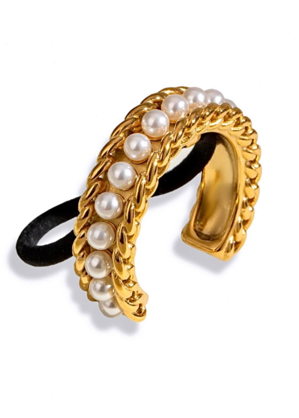 18K gold plated pearl hair cuff with a polished finish for delicate and elegant hairstyles.
