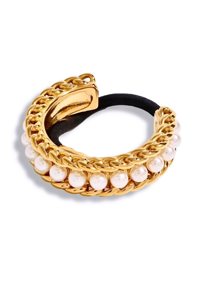 18K gold plated pearl hair cuff with a polished finish for delicate and elegant hairstyles.